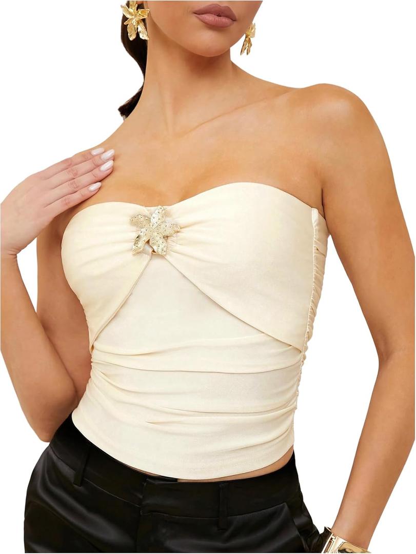 Floerns Women's Rhinestone 3D Floral Sleeveless Bandeau Ruched Strapless Tube Top (Large, White)