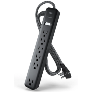 KMC 6-Outlet Surge Protector Power Strip 6 ft Cord, 1080J Power Surge Protector, Braided 6-Foot Long Extension Cord with Multiple Outlets, Power Strip Surge Protector, 6 Power Outlet Flat Plug, Black, Pack of 2