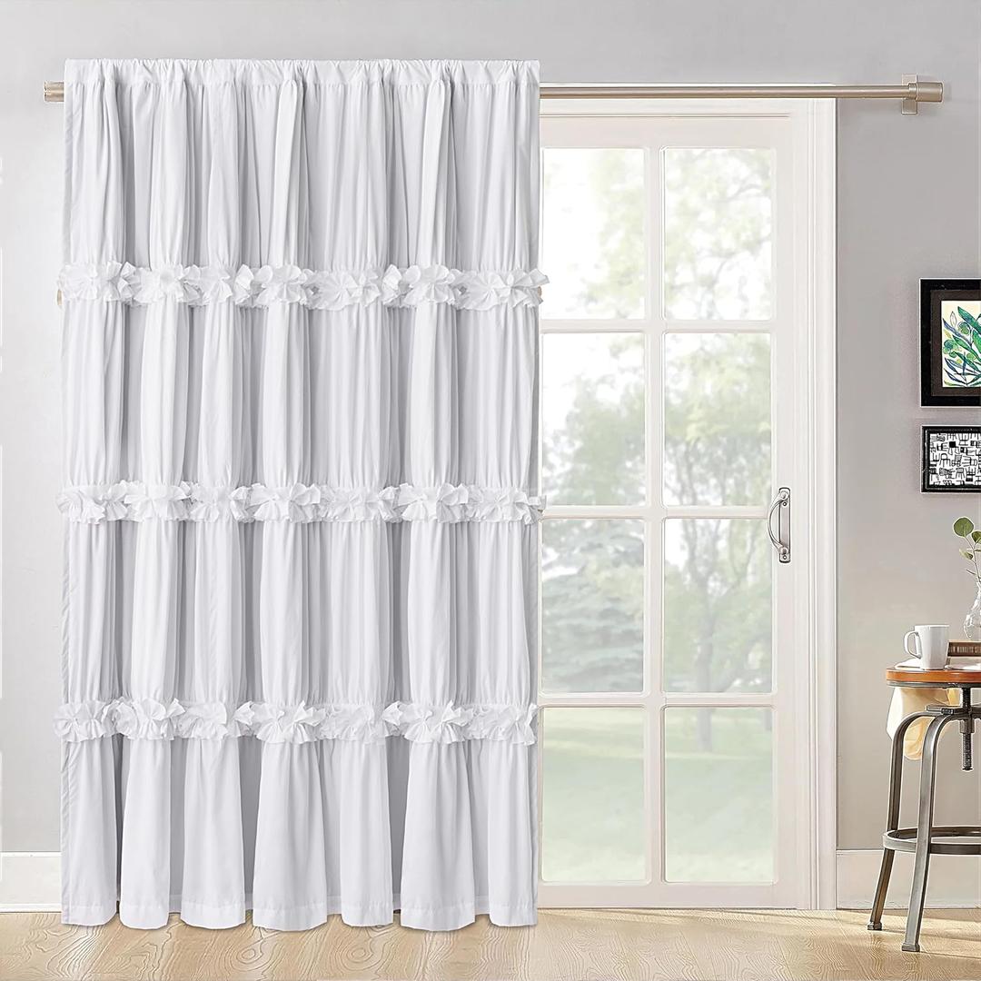 Room Divider Curtains, Boho Ruched Blackout Window Treatments with 3 Rows of Butterfly Flowers, Rustic Rod Pocket Sliding Door Curtains, 100" W x 84" L, White (LQ-30)