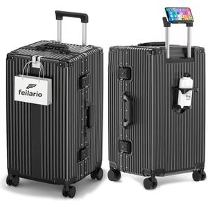 feilario 30in Super Large Captain Aluminum Frame Hardside Spinner Wheels Luggage, Removable Wheels Zipperless Checked Suitcase with Cup Holder/Phone Holder (A-Jet Black)