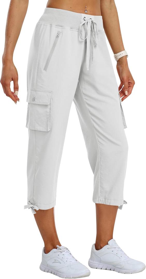MoFiz Women's Cargo Capris Pants Loose Fit Casual Hiking Pants Lightweight Quick Dry Travel Summer Pants for Women (White, XL)