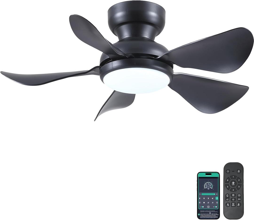 Kviflon 32 Inch Modern Ceiling Fans with Lights, Small Flush Mount Ceiling Fan with Light and Remote/APP Control, 5 Reversible 6 Speeds Curved Blades, 3 CCT Dimmable Lights for Bedroom, Black