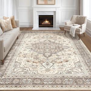 10x14Ft Area Rugs Living Room: Washable Boho Large Neutral Vintage Soft Rug Stain Resistant Farmhouse Non Slip Indoor Floor Carpet for Bedroom Nursery Kids Playroom Office Dining Room- Beige Brown