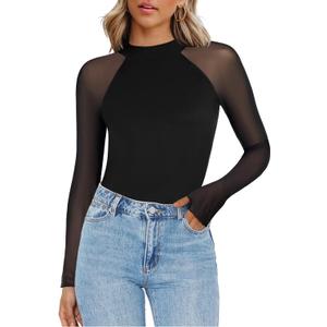 Zeagoo Long Sleeve Shirts for Women Floral Mesh Sheer Top Mock Neck Double Lined Fitted Going Out Blouses S