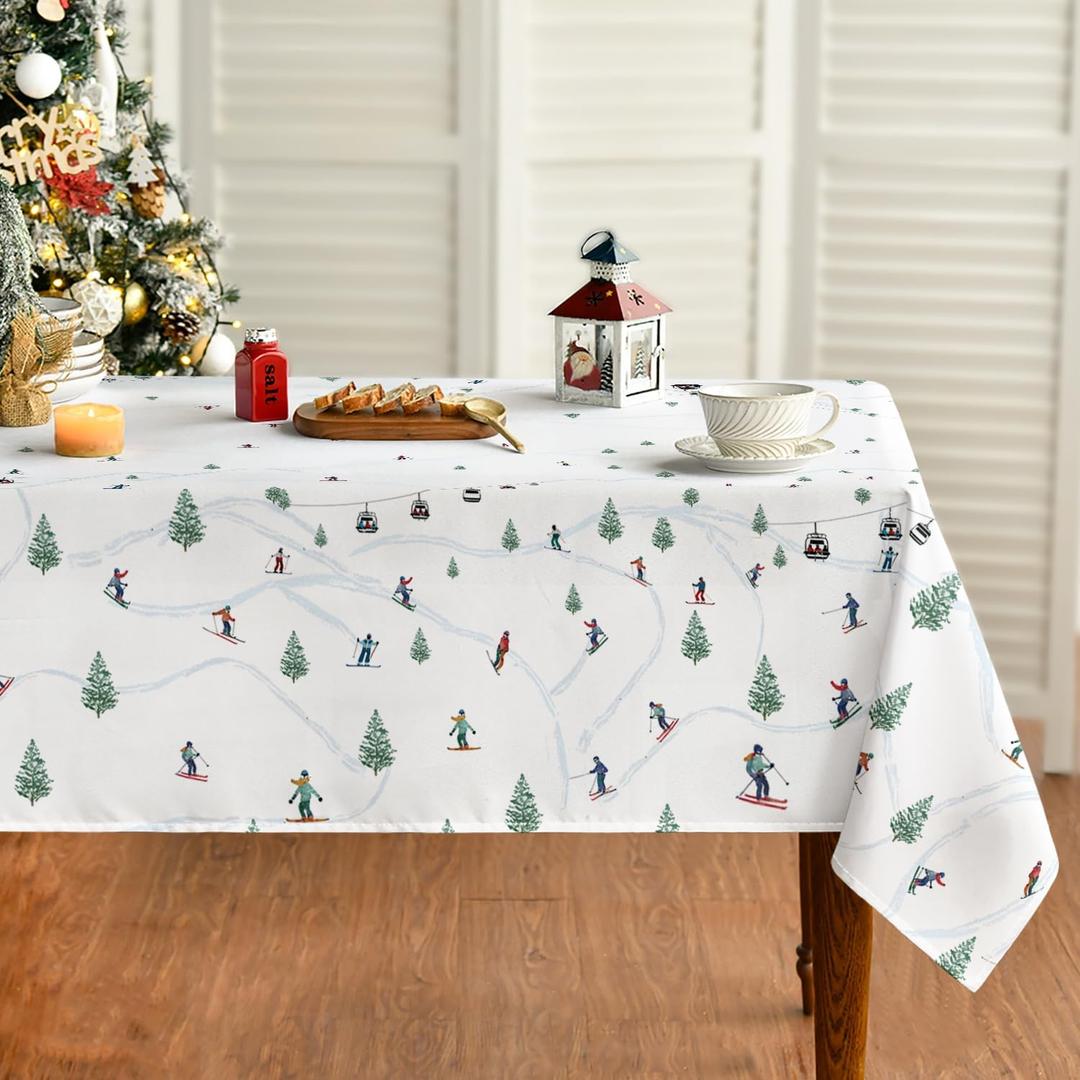 Horaldaily Christmas Tablecloth 
60×84
 Inch Rectangular, Cable Car Ski Tree Washable Table Cover for Party Picnic Dinner Decor (White)
