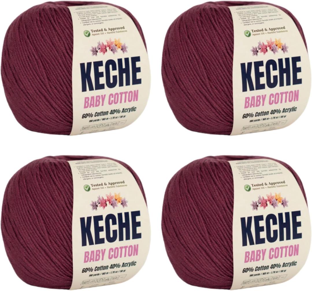 Keche Cotton Yarn, 60% Cotton 40% Acrylic Yarn, Soft Cotton Yarn for Crochet and Knitting, Amigurumi Yarn 4 Skeins/Balls [1.76 Oz (50g) / 180 Yrds (165m)] x 4 - Claret Red