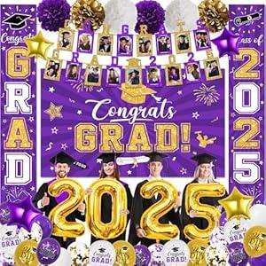 Graduation Party Decorations Class of 2025 Graduation Party Supplies Congrats Grad Banner Class of 2025 Backdrop, Paper Pompoms, Balloons for Congrats Grad Party Decorations (Black-Gold)