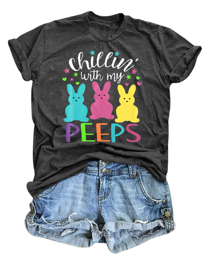 Happy Easter Shirt Women Chillin with My Peeps Tee Shirt Cute Rabbit Graphic T-Shirt Easter Gift Tee Tops (XL, Dark Grey)