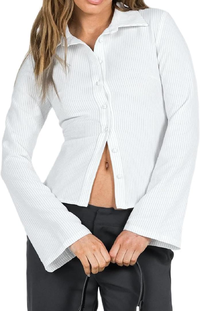 Trendy Fitted Button Down Shirts for Women Long Flare Sleeve Striped Cropped Shirt Business Top Autumn Blouse (Medium, White)