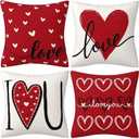 Hongsome Valentines Day Decor-Throw Pillow Covers 18x18 in Set of 4,Valentine Linen Pillow Case with Red Heart Love You More for Large Couch Sofa Home Indoor Outdoor Holiday Decorations