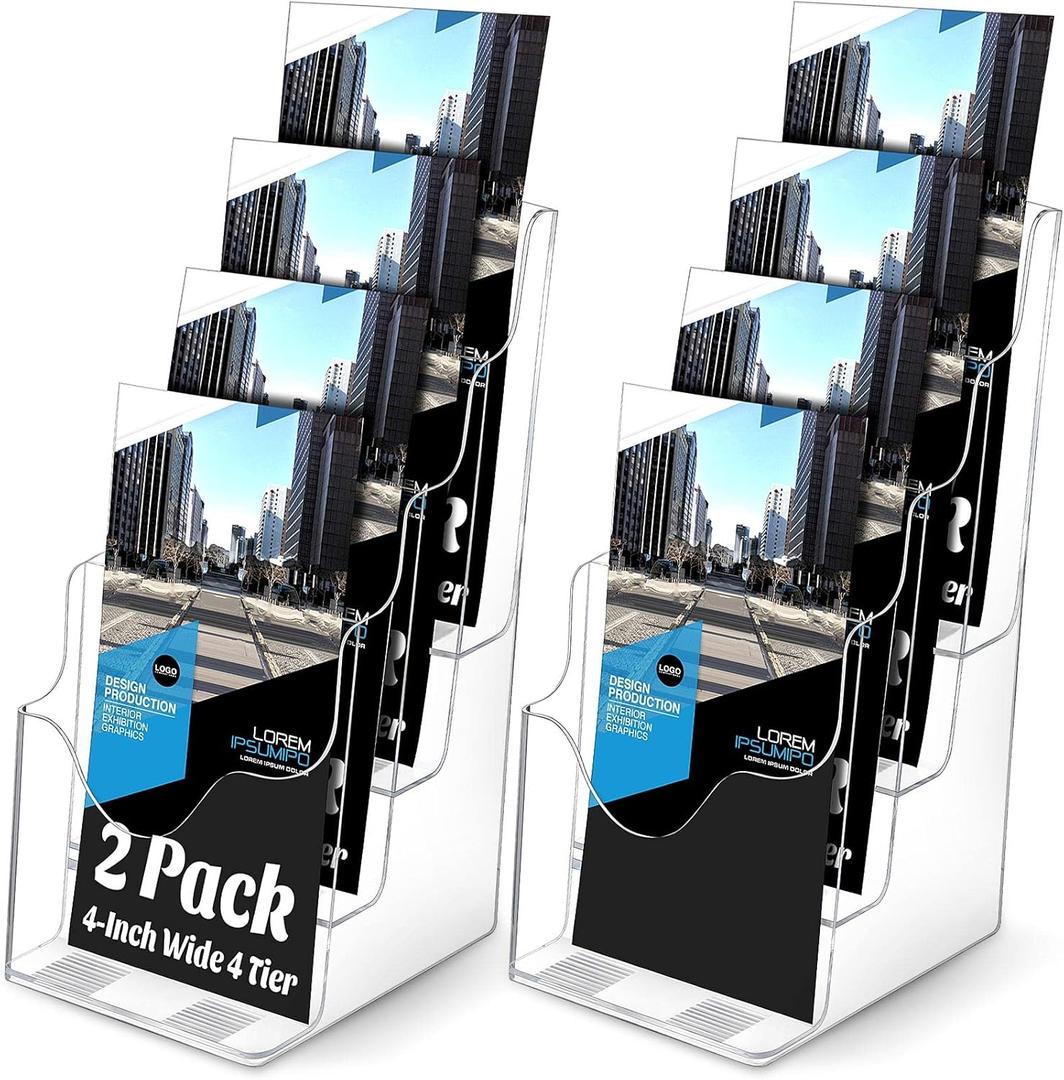 Crtiin 2 Pack 4 Tier Acrylic Brochure Holder Display Stand 4 x 9 Inch, Pamphlet Organizer Flyer Literature Clear Plastic Wall Mount Countertop for Classroom Booklets Magazines Office Home, (4 x 9 Inch)