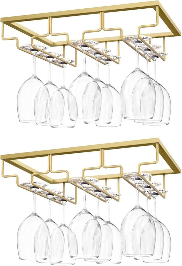 Nuovoware Hanging Stemware Holder, [2 PCS] Champagne Glass Holder Hanging Champagne Glass Holder with 3 Rails for Under Shelf, Glass Cabinet, Chrome Hanging, Kitchen Bar - Gold
