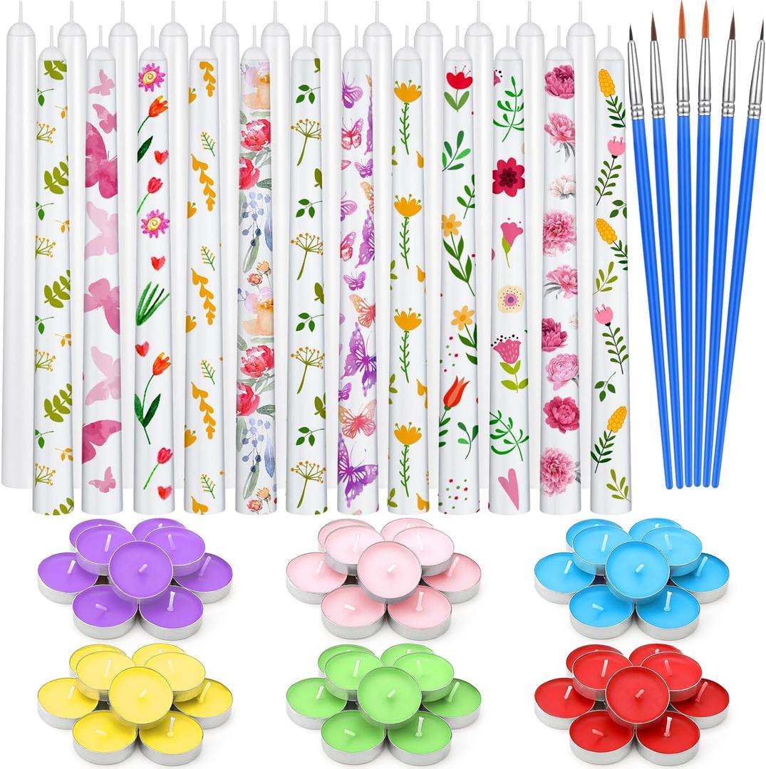 MTLEE 78 Pcs DIY Candle Painting Kit Include 12 White Taper Candles 60 Colored Tealight Candles 6 Paint Brushes for Crafts Birthday Wedding Party Favors(Multi Color)