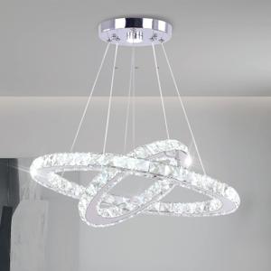 LED Modern Crystal Chandelier 19.7 x 11.8 inches Ceiling Pendant Light 2 Rings Adjustable Stainless Steel Lighting Fixtures Dining Room Living Room (White) (2 Ring-Coolwhite)