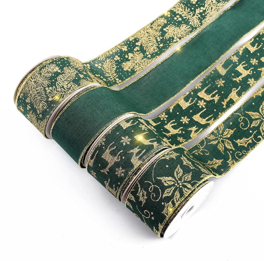 UNIQOOO 40 Yards 4 Rolls Seamless Green Christmas Wired Ribbon Set, 2.5 inch x 10yd. Satin Burlap Wired Edge Ribbon for Xmas Tree Dcor, Gift Wrap Box, Bows, Wreath, Garland, Floral DIY Craft, Wedding (Assorted Green Gold Glitter)