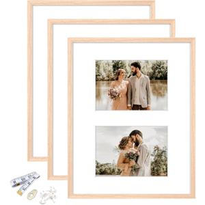11x14 Picture Frame, OAK Wood Photo Frame 8x10 with Mat or 5x7 with 2 Mat with Perspex Glass for Vertical or Horizontal Tabletop Wall Display for Photo, Painting, Poster, Set of 3