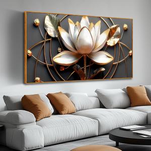 Lotus Flower Wall Art for Living Room, Floral Canvas Wall Decor for Bedroom, Black White and Gold Picture Print, Large Size 59 x 29 Inches Framed (59L" x 29W", LOTUS-10[F])
