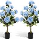 Lunmon 2 Pack 3ft Blue Artificial Hydrangea Tree Faux Hydrangea Tree UV Resistant Faux Silk Plant with Cement Base Pot Realistic Topiary Plant for Indoor Outdoor Garden Office Home Porch Patio Decor