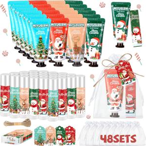 192 Pcs 48 Sets Christmas Hand Cream and Lip Balm Gift Bulk Set,Moisturizing Lip Balm Hand Lotion with Organza Bag Xmas Card, Holiday Birthday Party Favors Stocking Stuffers Gifts for Women Girls