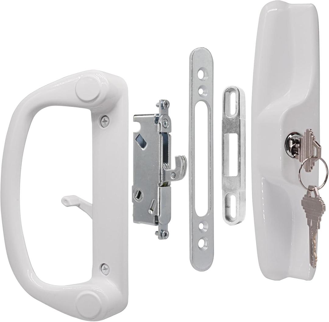 Sliding Glass Patio Door Handle Replacement Set with Key Cylinder and Mortise Lock 45° Keyway Pull Handles, Fits 3-15/16" Hole Spacing, 1-1/4" to 2" Thick Doors, Non-Handed, White
