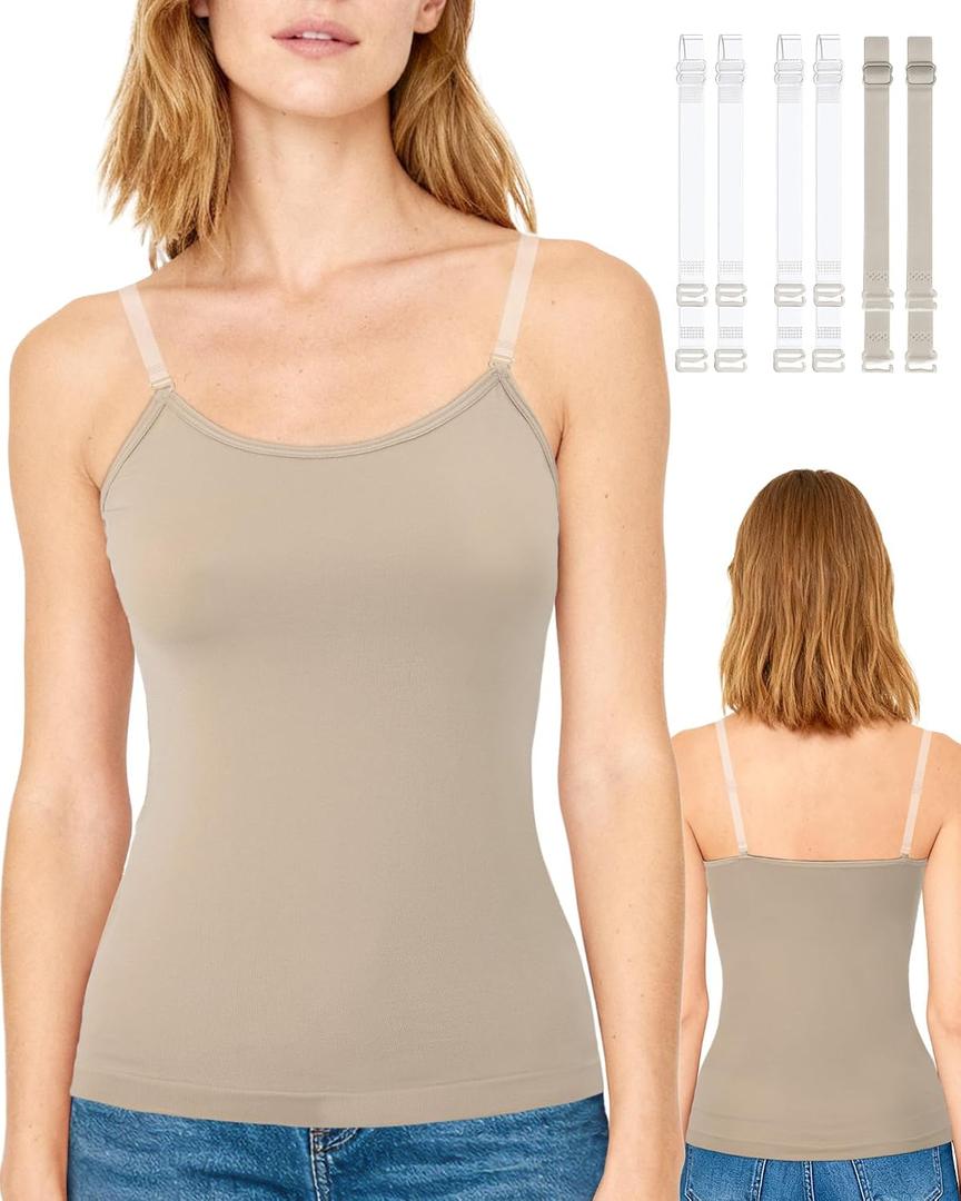 Women's Seamless Camisole Tops, Everyday Layers Tank Top for Women, Spaghetti Cami with 2 Pair Clear Straps