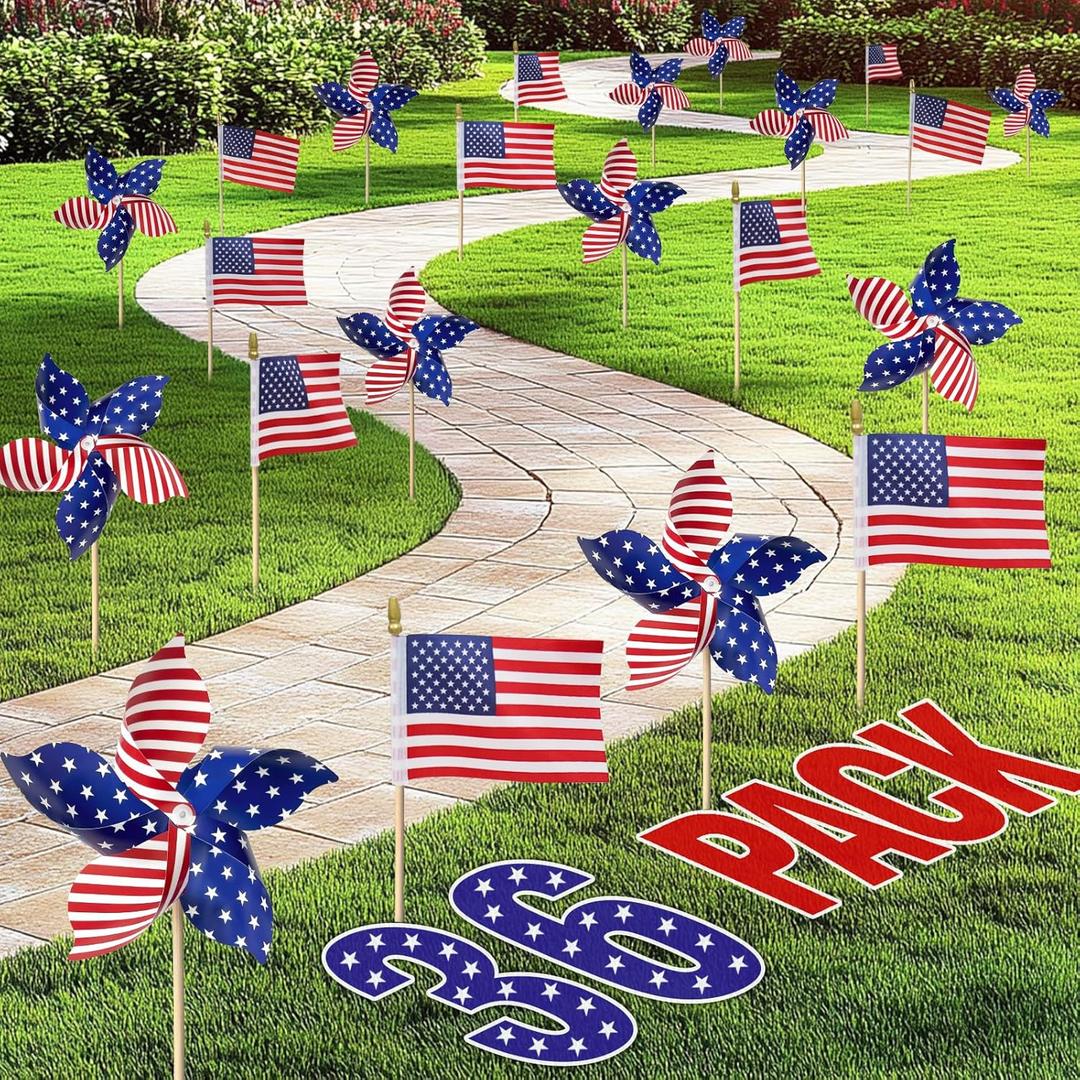 4th of July Decorations - Fourth of July Deals - 36 Patriotic Stars and Stripes Pinwheels & Flags - 4th of July Decor Accessories Outdoor for Independence Day Parade Table Party Supplies Home Yard Garden