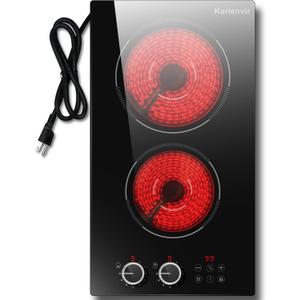 2 Bruner Electric Cooktop, Plug in Electric Cooktop 110v, 12 Inch Kitchen Electrics Stove Countertop & Built-In, Knob and Touch Control, 9 Power Levels, 2000w, Safety Lock, Pause, Timer, Karienvir