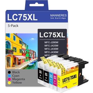 LC75 Ink Cartridges (2BK/C/M/Y 5-Pack) Compatible for Brother LC75BK LC75XL Ink Replacement for Brother LC-75 LC71 LC79 XL Ink Cartridges Work for MFC-J6510DW MFC-J6710DW MFC-J6910DW MFC-J280W Printer