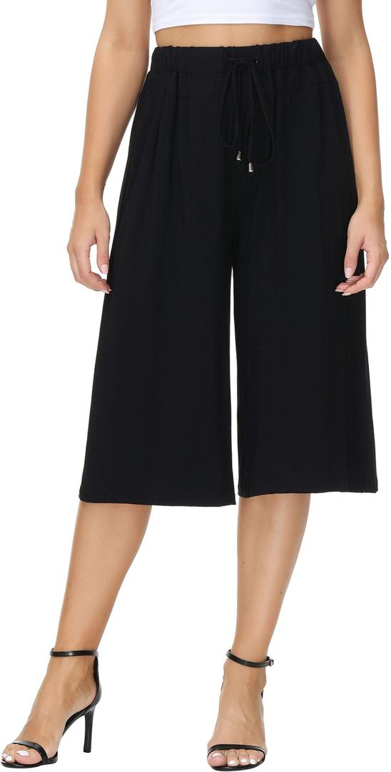 HOW'ON Women's Elastic Waist Wide Leg Casual Palazzo Capri Culottes Pants Soft Knit Cropped Pants Blue S (Blue, S)