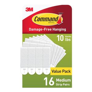 Command 10 lb Medium Picture Hanging Strips 16 Pairs (32 Command Strips), Damage-Free Hanging Picture Hangers, No Tools Wall Hanger for Home Decor, White Adhesive