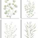 KUVIOKE Botanical Framed Boho Wall Art Bathroom Plants Wall Decor Green Sage Eucalyptus Leaf Prints Minimalist Aesthetic Ready to Hang Set of 4, 8x10 in (Framed)
