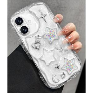 Toycamp for iPhone 16 Plus Case Cute - Women Girly Girls Glitter Phone Cover 16Plus Kawaii Sparkle Bling Shine Aesthetic Pretty Unique Wave Design Funda for Apple 16 Plus, Stars Y2K