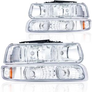 Headlight Assembly, Compatible with 1999-2002 Chevy Silverado 1500 2500/2001-2002 Silverado 1500HD 2500HD 3500HD Chrome Housing Amber Reflector