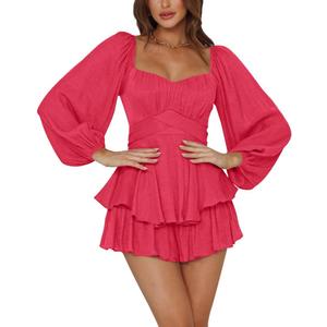 LYANER Women's Jumpsuit Lantern Long Sleeve Ruffle Layer Tie Mini Short Romper XL