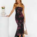 MEROKEETY Women's Summer Strapless Floral Maxi Dress 2026 Bodycon Mesh Wedding Guest Cocktail Party Tube Dresses (Black, L)