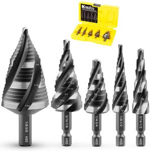 Four Spiral Flute Step Drill Bit Set, 5 Pieces 1/8"-1-3/8" HSS Unibit Step Drill Bit, 1/4" and 3/8" Shank Step Bits for Metal, Aluminum, Wood, Plastic Four Spiral Flute Step Drill Bit Set, 5 Pieces 1/8"-1-3/8" HSS Unibit Step Drill Bit, 1/4" and 3/8" Shank Step Bits for Metal, Aluminum, Wood, Plastic