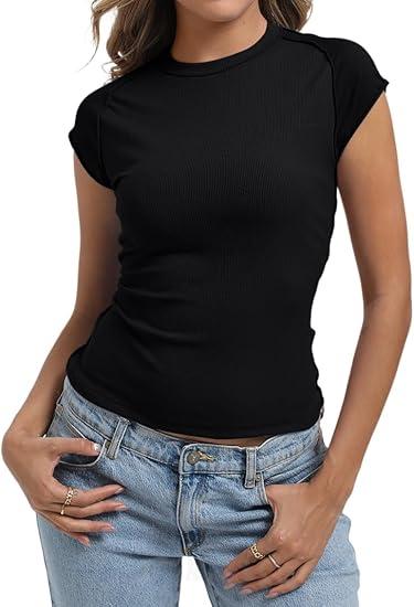 Women Summer Tops T-Shirts Crop Workout Short Sleeve Compression Shirts Cute Tight Basic Tops Tee, Size M