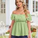 Women's Off Shoulder Boho Floral Blouse Short Sleeve Flowy Dressy Casual Top (Green, M)
