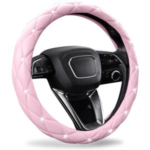 SuperKaKa Pink Steering Wheel Cover 2026, Auto Cute Diamond Bling Comfort Leather Girly Car Interior Accessories Protector Sparkly Automotive Decoration for Women Girl Coquette