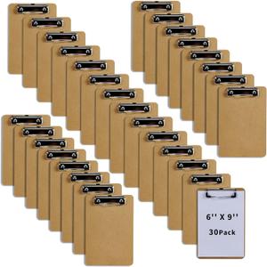 Binditek 30 Pack Mini Clipboards, Eco-Friendly Wood Hardboard with Low Profile Clip, 6 x 9 Inches Small Clipboards for Home, Office, School Classroom Supplies, Brown