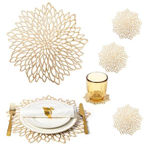 Gold Placemats Set of 8 Table Mats Gold Charger Plates Place Mats & 8 Pcs Coasters Wipeable Modern Holiday Round Placemats for Christmas Thanksgiving Farmhouse Wedding Dining Table Setting Decor