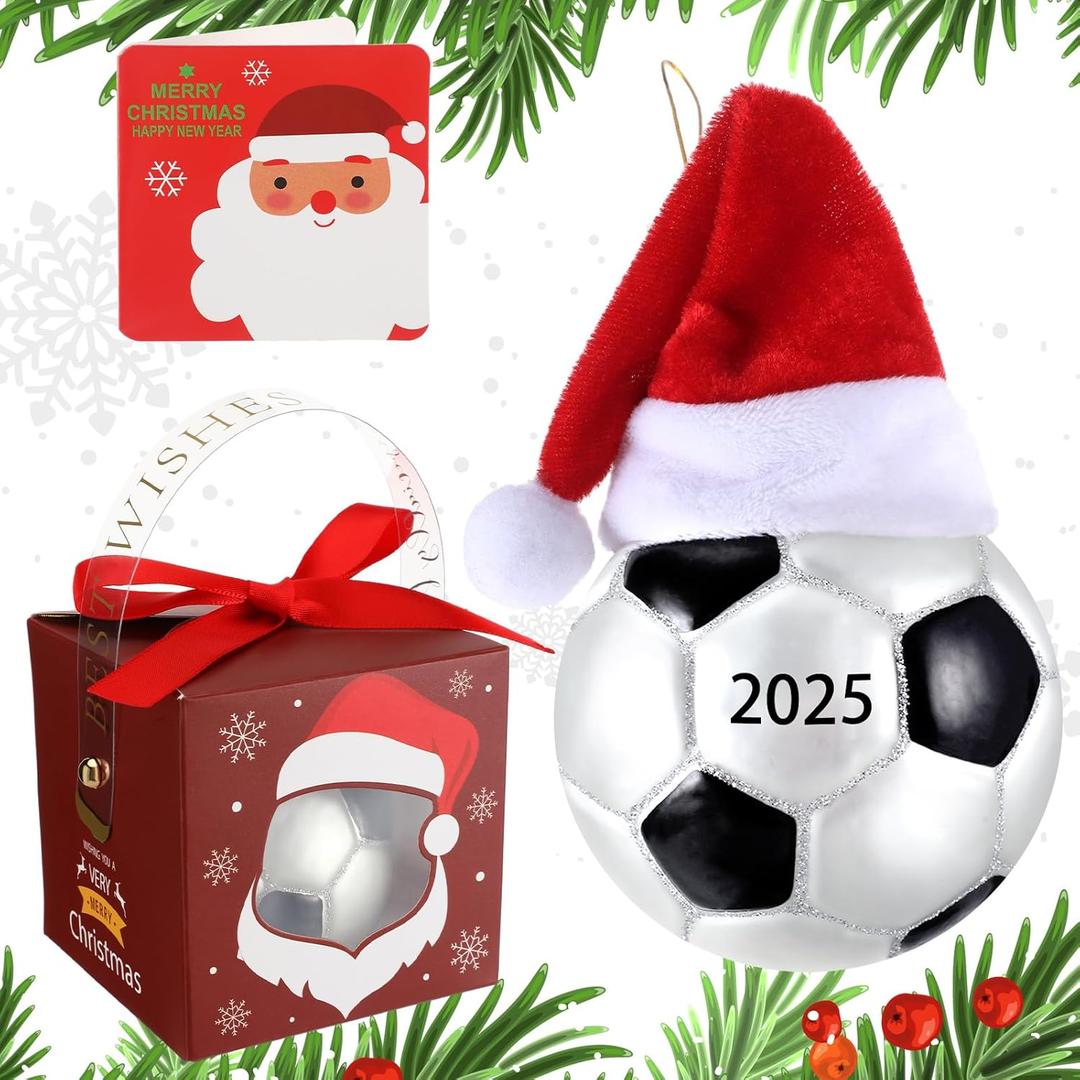 2025 Christmas Soccer Ornament with Gift Box and Card 3.15" Glass Blown Christmas Sport Gifts Ornaments Xmas Tree Decoration for Men Women Soccer Player