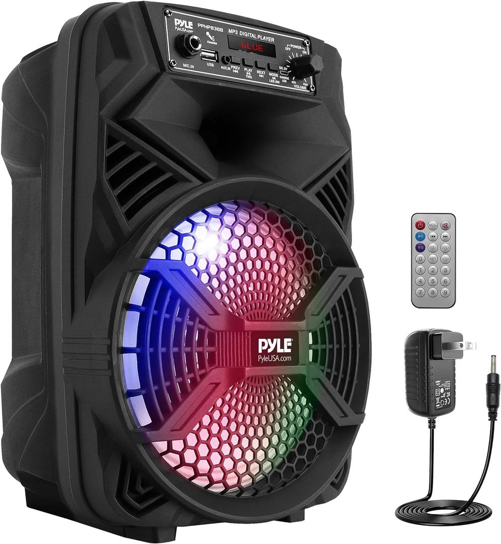 Portable Bluetooth PA Speaker System - 300W Rechargeable Indoor/Outdoor Bluetooth Portable PA System w/ 8 Subwoofer 1 Tweeter, Microphone In, Party Lights, MP3/USB, Radio, Remote - Pyle PPHP836B