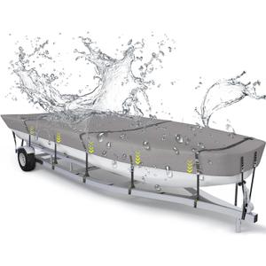 800D Jon Boat Cover, Windproof Metal Buckle Straps Jon Boat Cover Fade and Tear Resistant Trailerable, UV Protection and Waterproof(Fits 12ft-14ft), Gray
