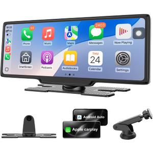 Wireless Carplay Screen for Car, 10.26" Apple Car Play & Android Auto Screen, Car Tablet, Audio Receivers Touchscreen with GPS Navigation/Mirror Link/Siri/FM (No Front & Rear Cameras)