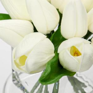 DILATATA Artificial White Tulips in Vase with Faux Water 6" Real Touch Flowers Fake Tulips Small Flowers Arrangement in Round Glass Vase for Mother's Day Table Centerpiece Wedding Home Decor