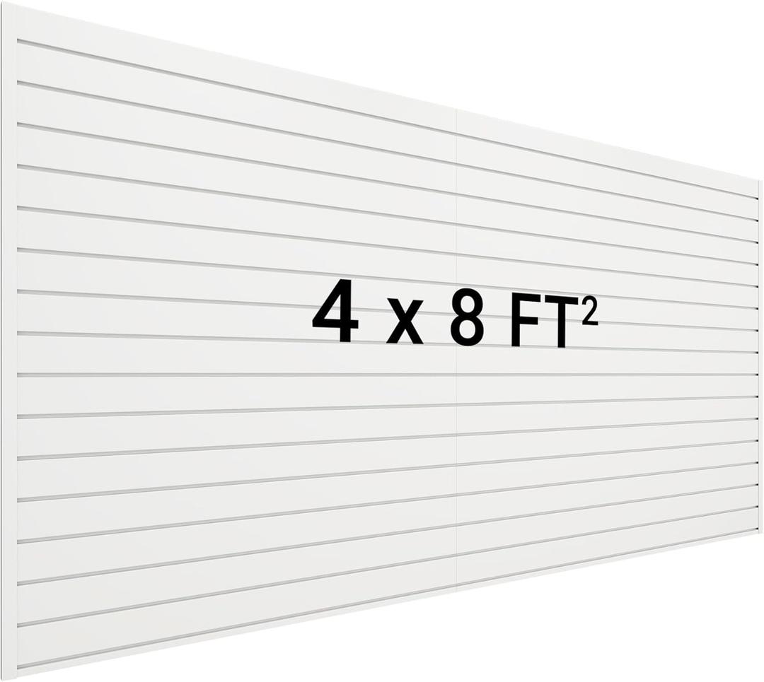 Slatwall Panel 8 FT x 4 FT, Interlocking Slat Wall Paneling, Wall Mounted PVC Wallpanel, Suitable for Garage Storage and Organizer, Slatwall Board, Shelves - White
