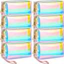 Dunzy 8 Pcs Holographic Iridescent Clear Makeup Bags with Zipper Travel Cosmetic Pouches with Wrist Loop Waterproof Toiletry Organizer Case Home Office Beach Pouch Purse Diaper Vacation Gift Bag(M)