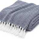 Americanflat 50x60 Throw Blanket - Soft and Breathable Cotton Throw Blanket for Couch, Bed, Chair - Decorative Blankets Perfect for Home or Outdoor Use - Navy Blue and White Herringbone Design