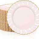 Hushee 50 Pcs Plastic Plates with Gold Trim 6'' Small Round Disposable Vintage Dessert Plates for Party Birthday Buffet Wedding Catering Celebration Reception (Pink)